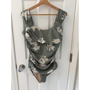 Albion Fit Victoria One Piece Swimsuit Sage Green Floral Ruched Size L